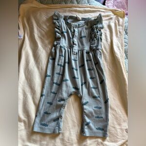 Kate Quinn Blue Car Print Ruffled Jumpsuit